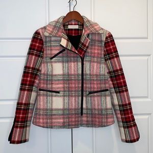 Chalk Tartan Plaid Motorcycle Style Zippered Coat Cream Red Size: S/6